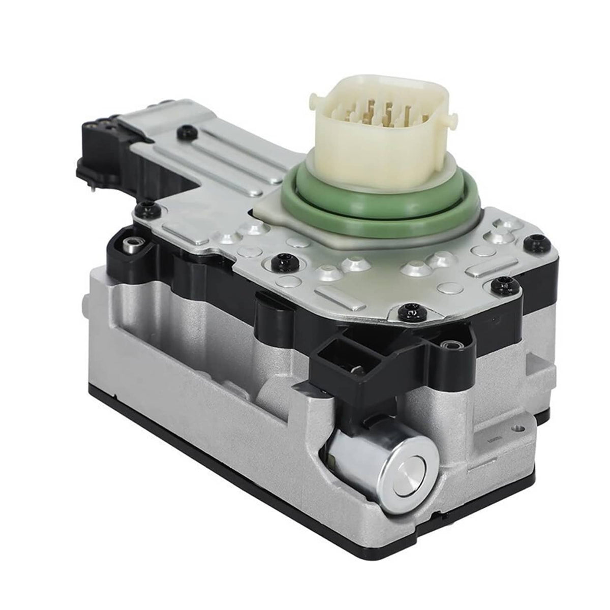 Transmission solenoid pack with green seal, beige connector, and silver aluminum body