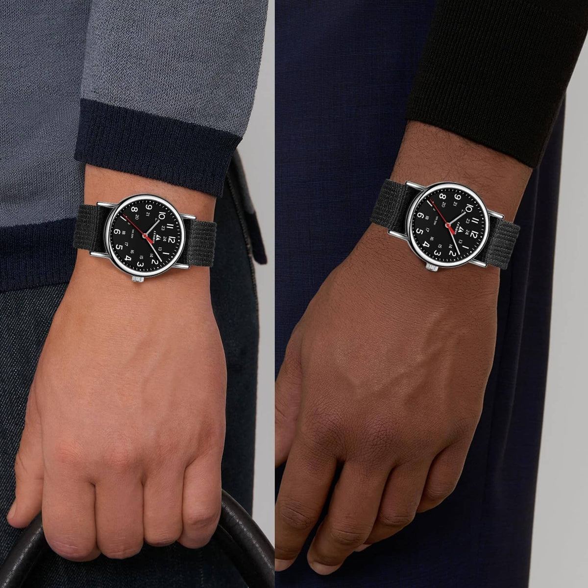 Men's analog sport watch worn on wrist, black dial and black nylon strap with silver case