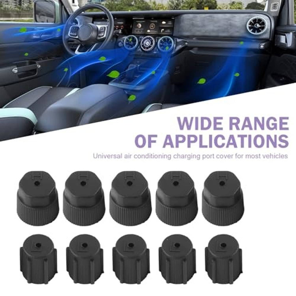 10 black ribbed AC valve caps with center pinhole openings, front-facing