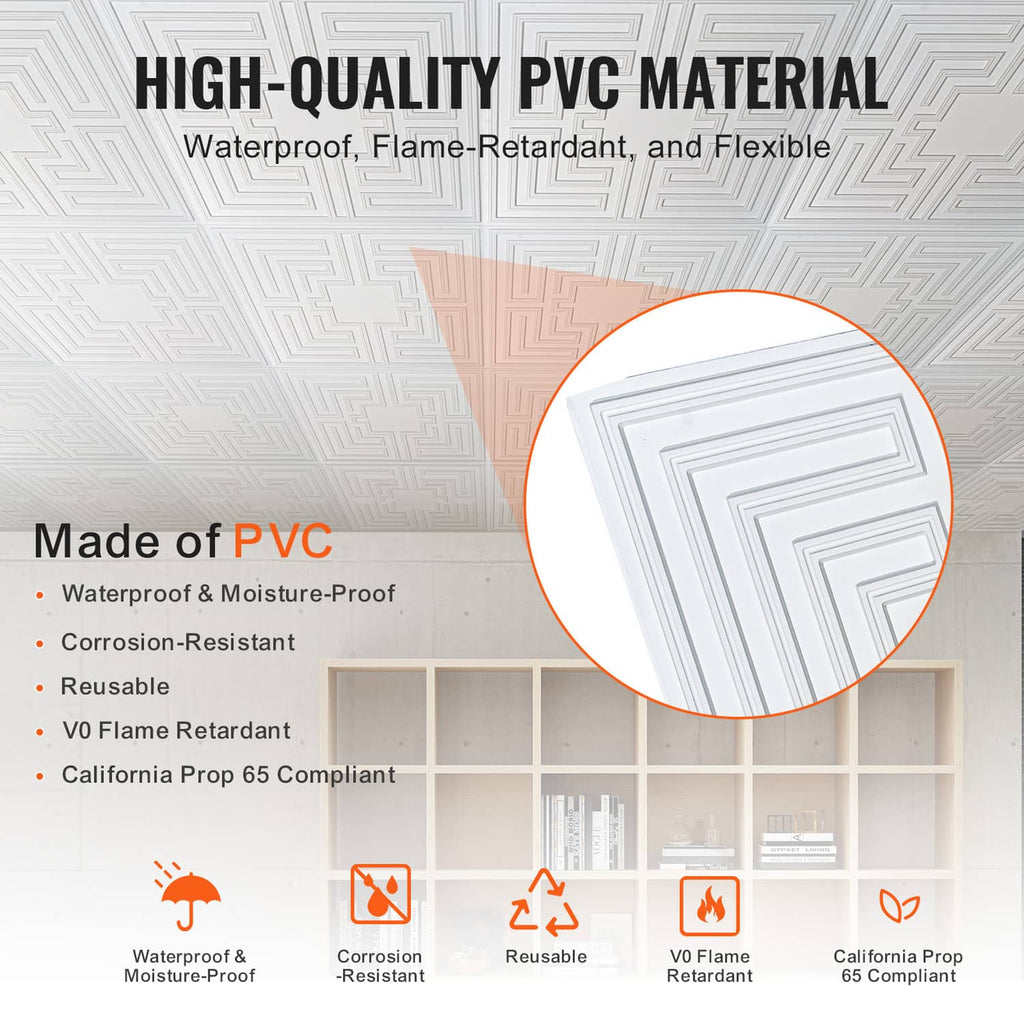 White PVC ceiling tile with echo geometric pattern, close-up texture detail