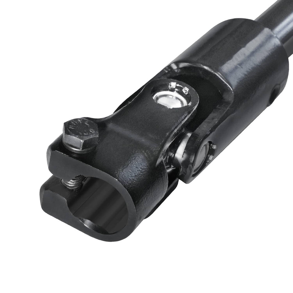 Black power steering shaft end with metal bolt and U-joint housing