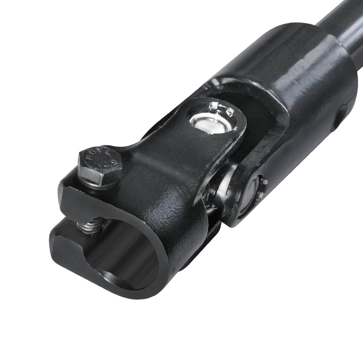 Black power steering shaft end with metal bolt and U-joint housing