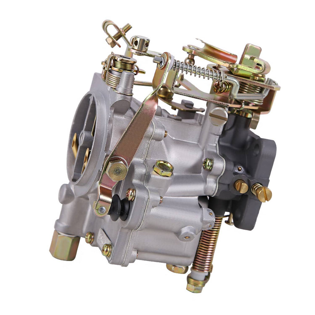 Side view carburetor with springs, linkage arms, and silver body with brass-colored parts