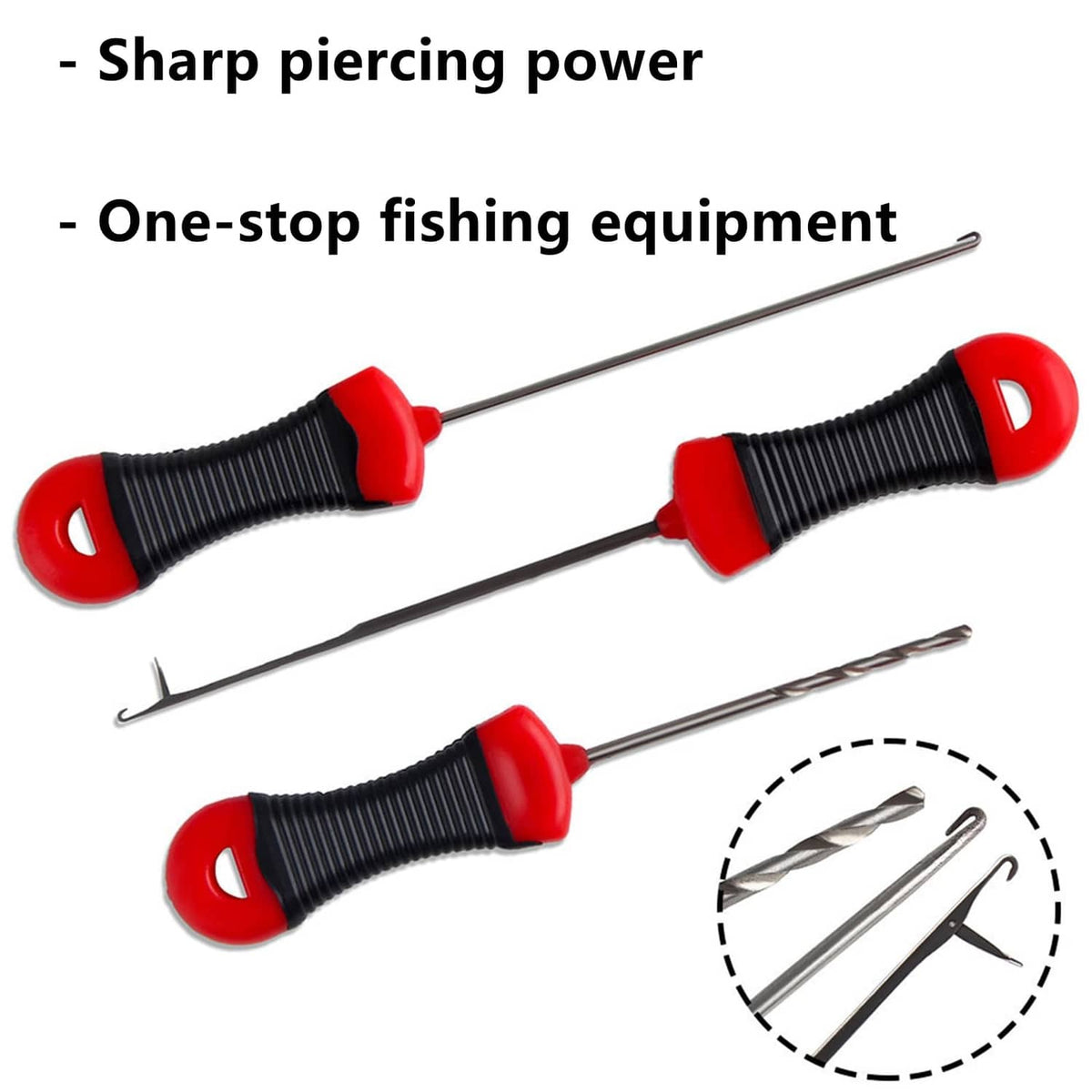 Four fishing baiting needle tools with red-and-black handles and metal needles