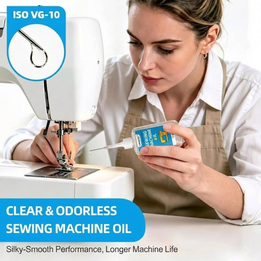 Clear sewing machine oil bottle with needle tip held near a sewing machine