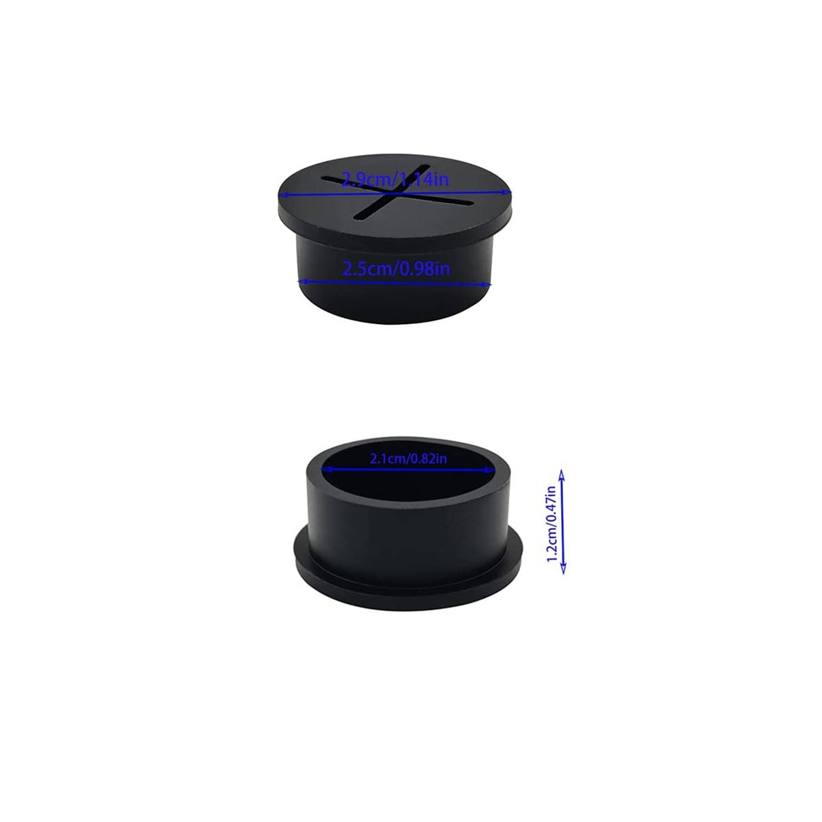 Black round rubber cable grommet with X-slit top, shown with size markings