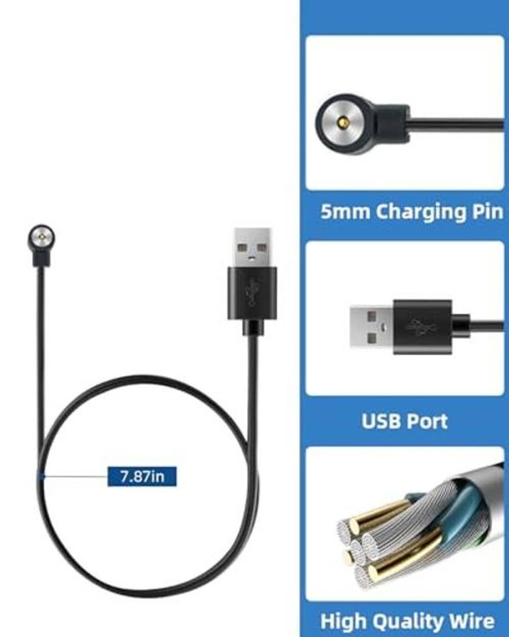Smart ring charger cable with USB connector and 5mm charging pin interface