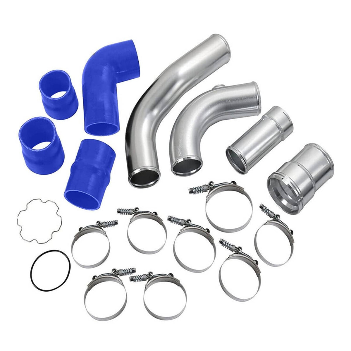Intercooler pipe boot set parts: blue silicone boots, stainless pipes, and hose clamps