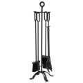 Black 5-piece fireplace tool set with stand: tongs, shovel, brush, poker