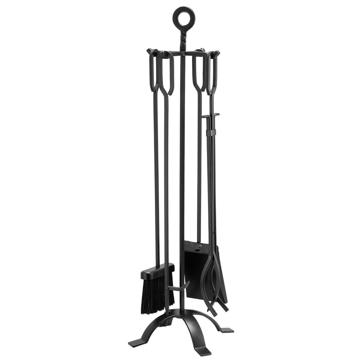 Black 5-piece fireplace tool set with stand: tongs, shovel, brush, poker