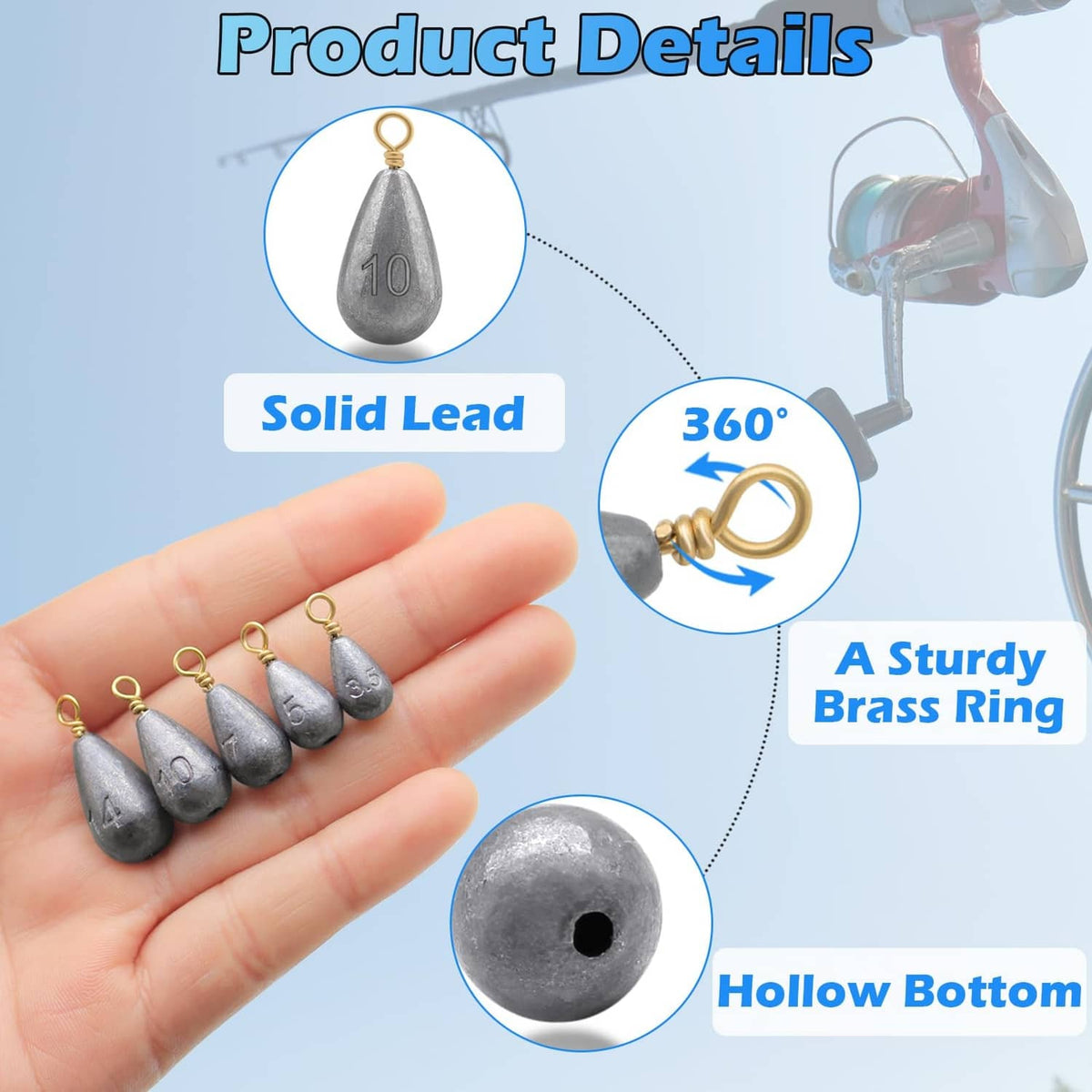 Silver lead fishing sinkers kit with brass rings, multiple droplet weights shown in hand
