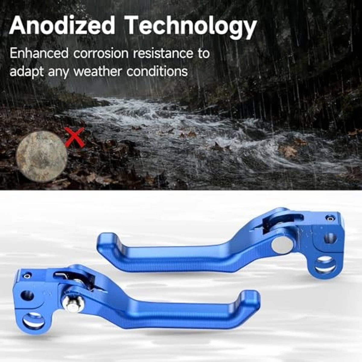Blue anodized front motorcycle brake lever with folding arm, pivot, and bolt holes