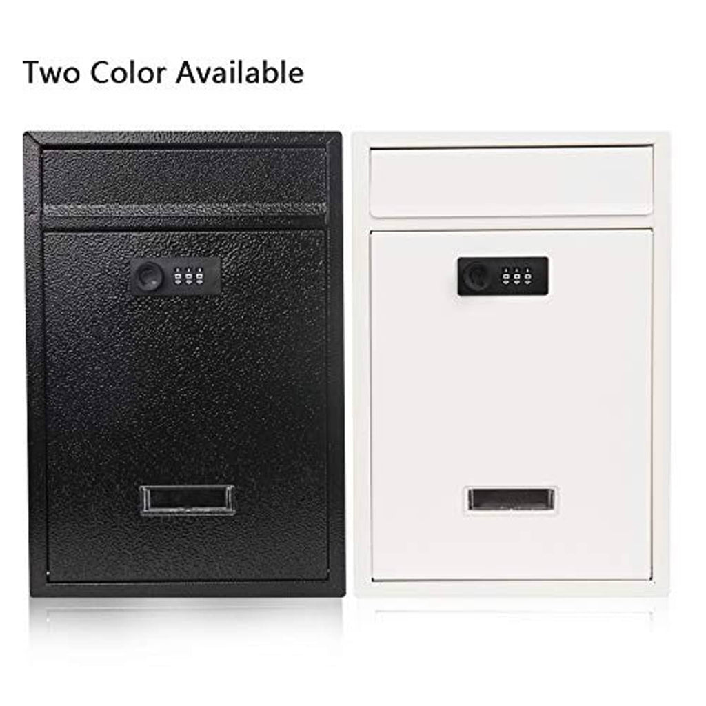 Black and white wall-mount combination lock mailboxes, front view with mail slot