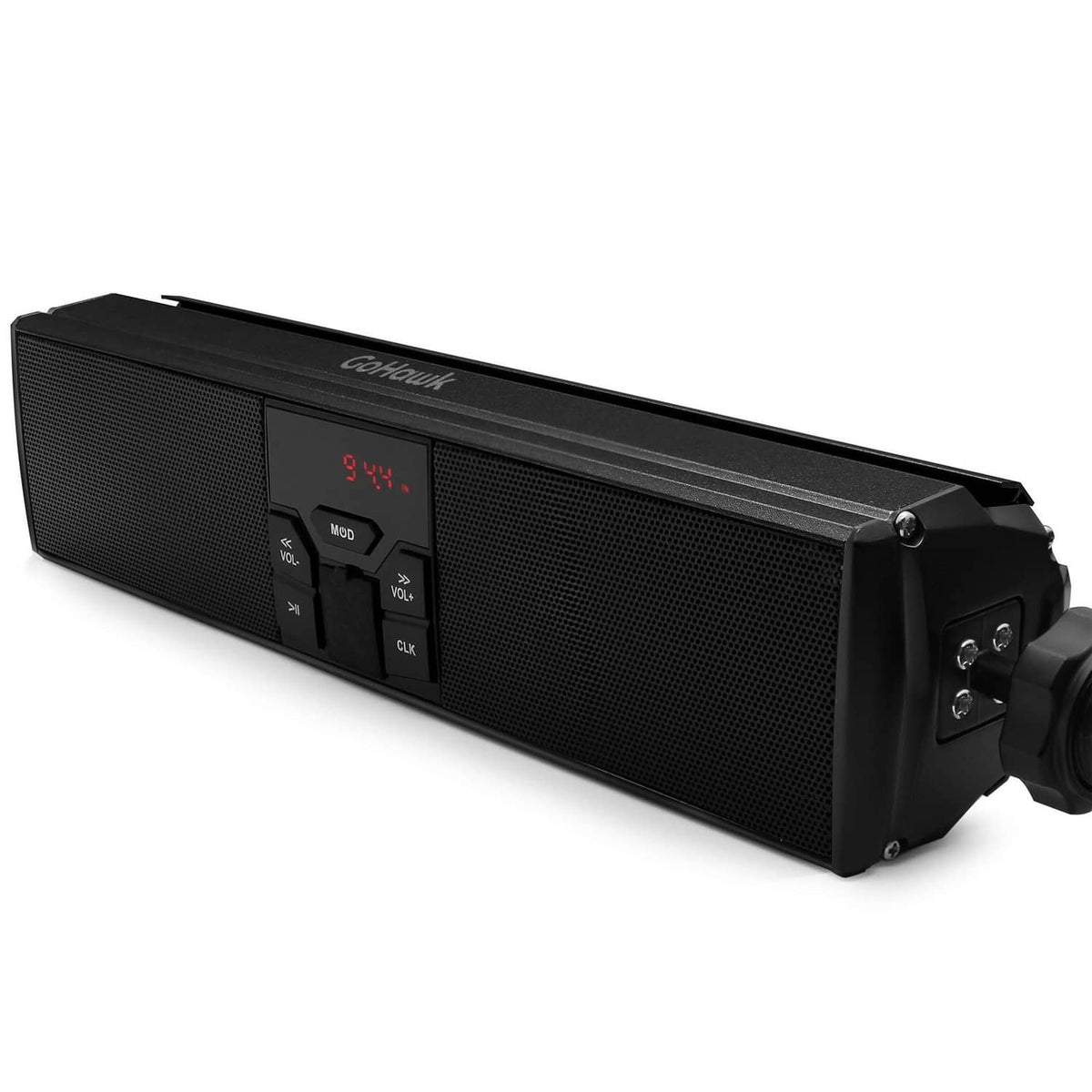 Black motorcycle Bluetooth speaker bar with FM, AUX, and USB control buttons.