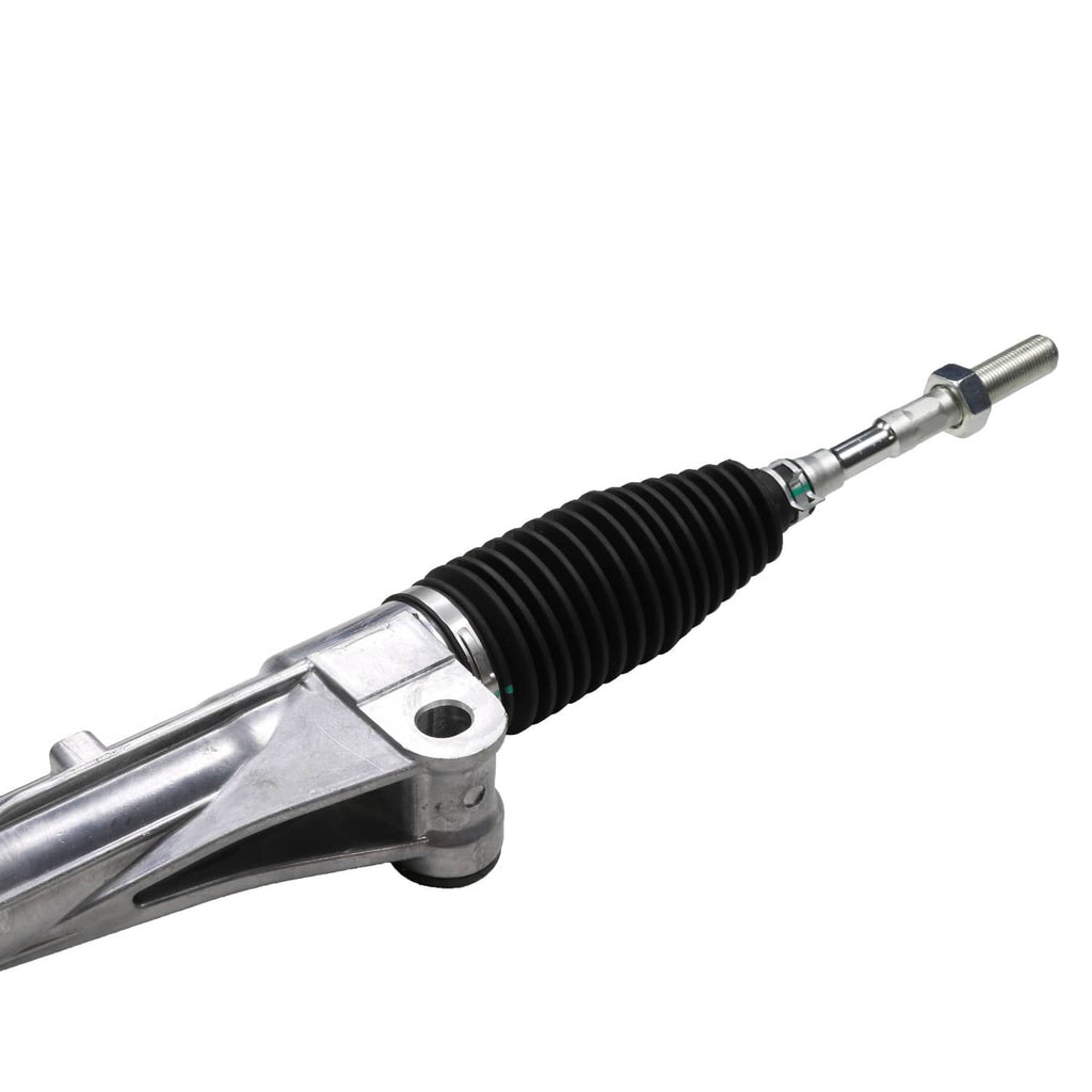 Power steering rack and pinion shaft with black ribbed boot and metal tie-rod end