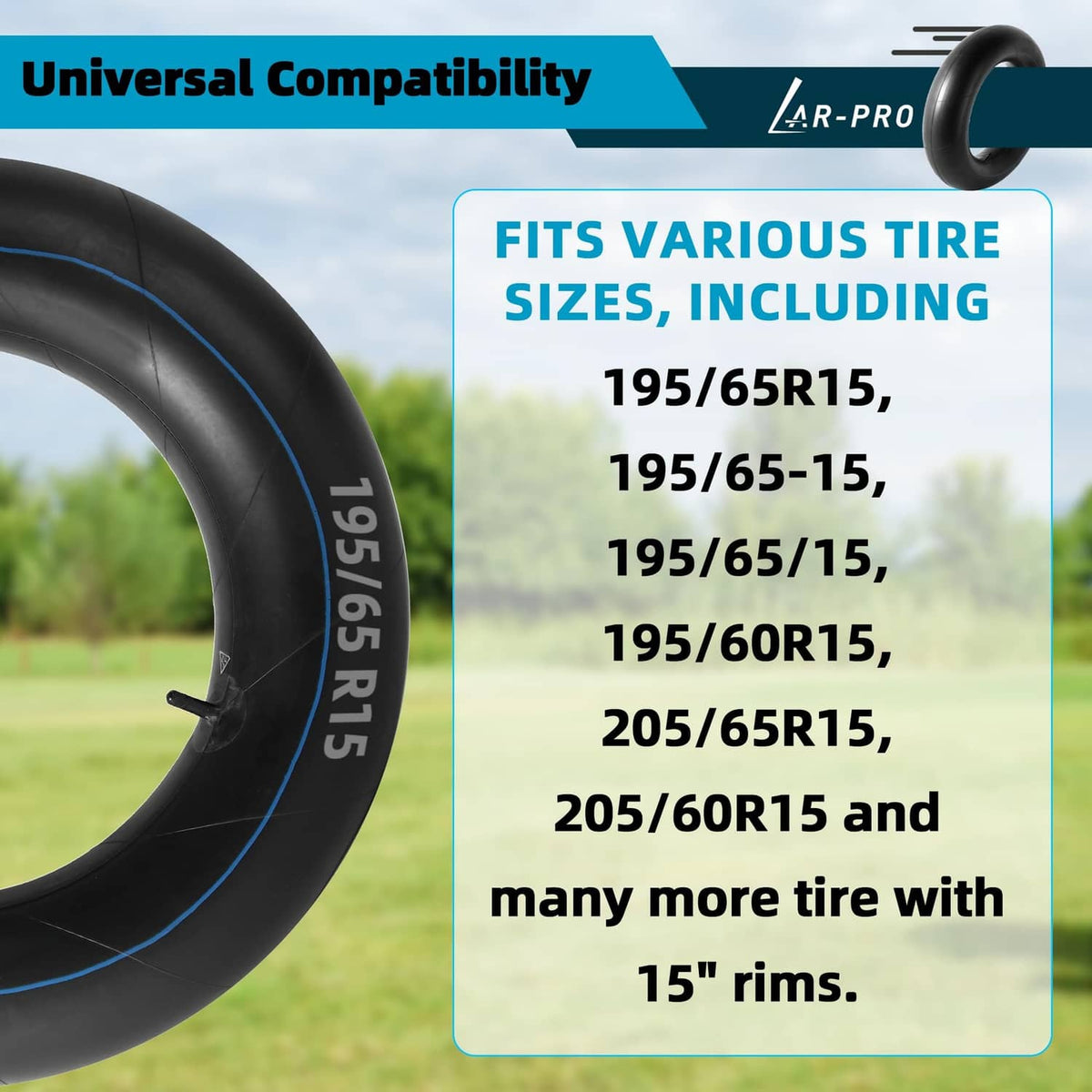 Black inner tube for 15-inch rims with blue trim, side view and valve stem