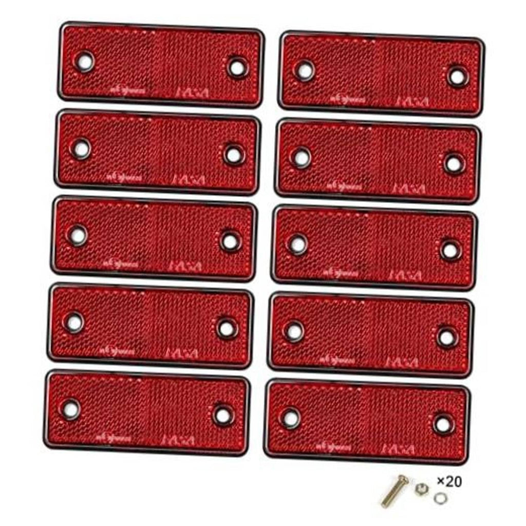 Set of 10 red rectangular screw-on reflectors with two mounting holes each.