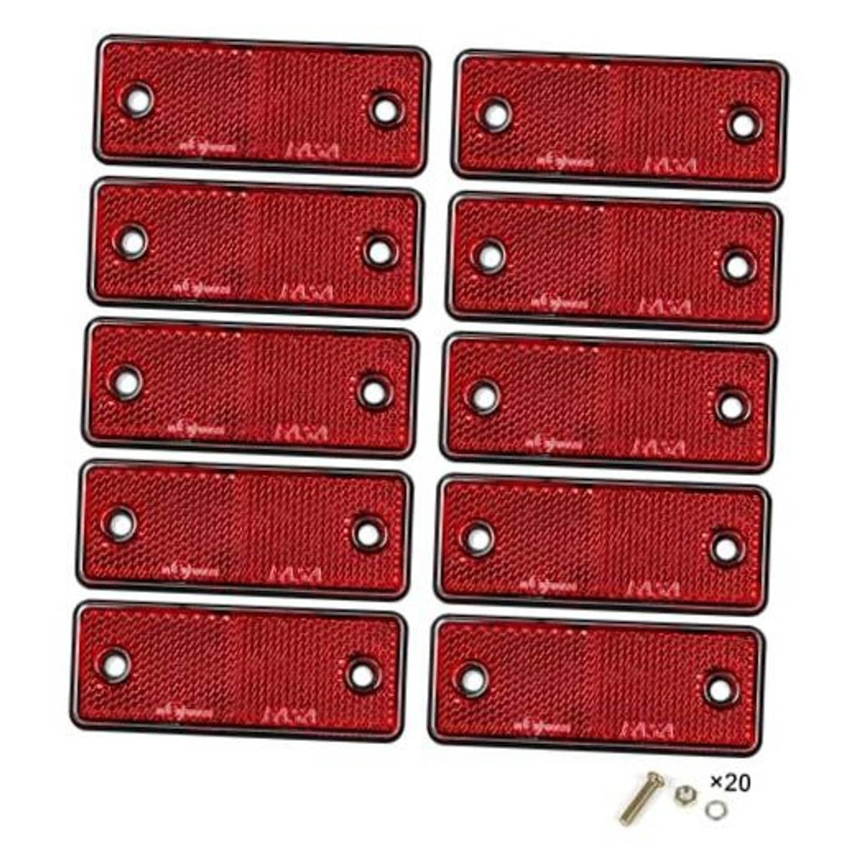 Set of 10 red rectangular screw-on reflectors with two mounting holes each.