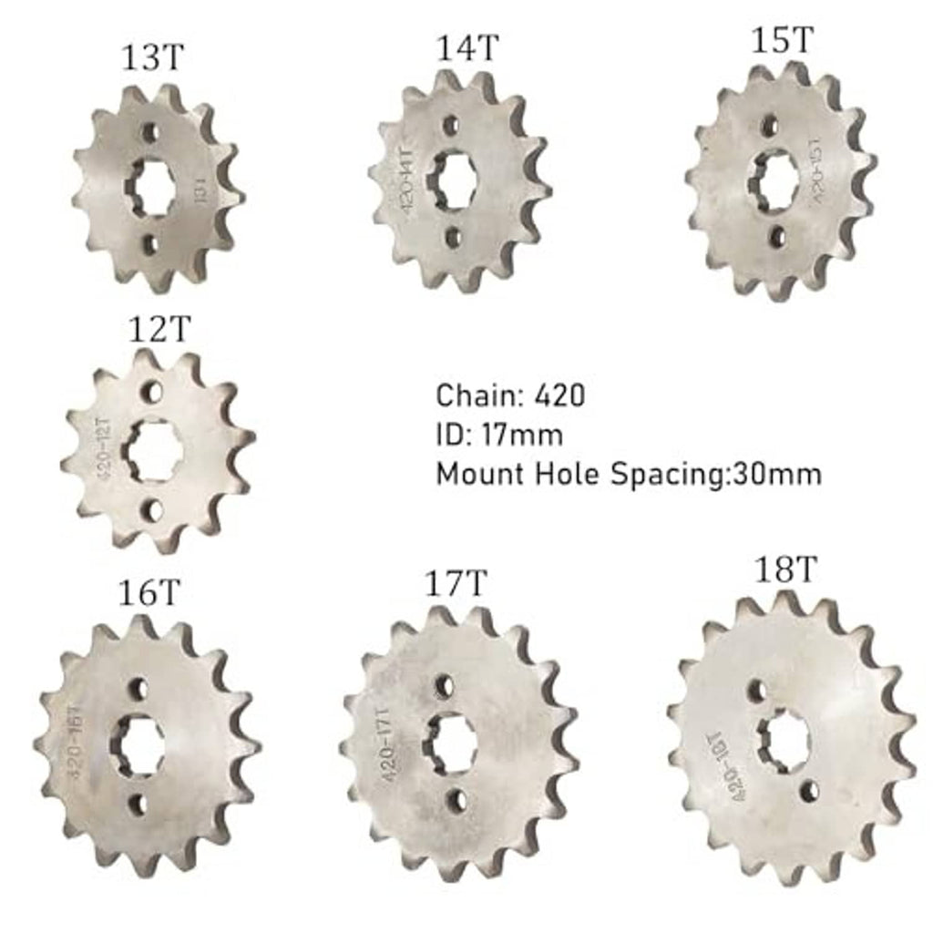 420 chain sprocket set showing tooth sizes 13T-18T; mount hole spacing 30mm