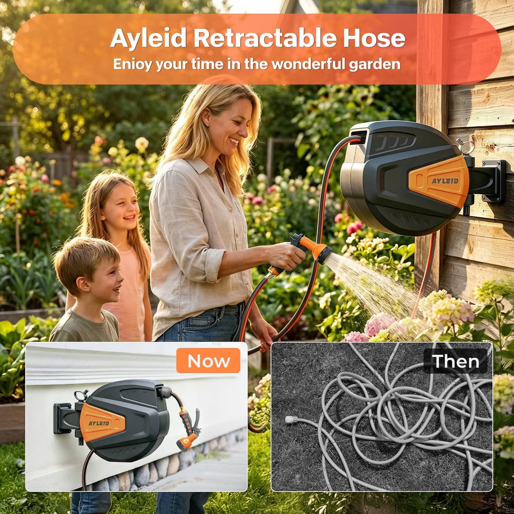 Retractable hose reel mounted on a wall, water spraying from the nozzle