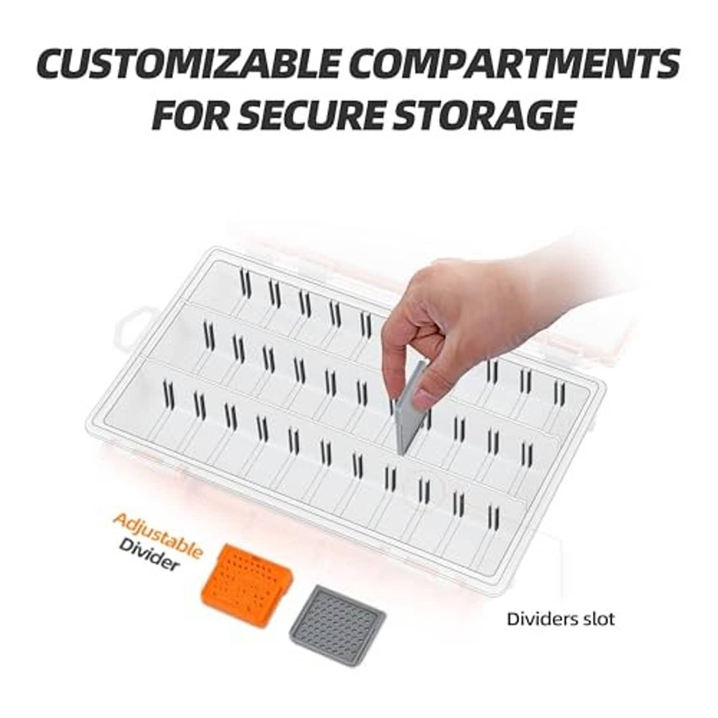 Fishing tackle box with clear divider slots for secure storage, orange base and gray inserts