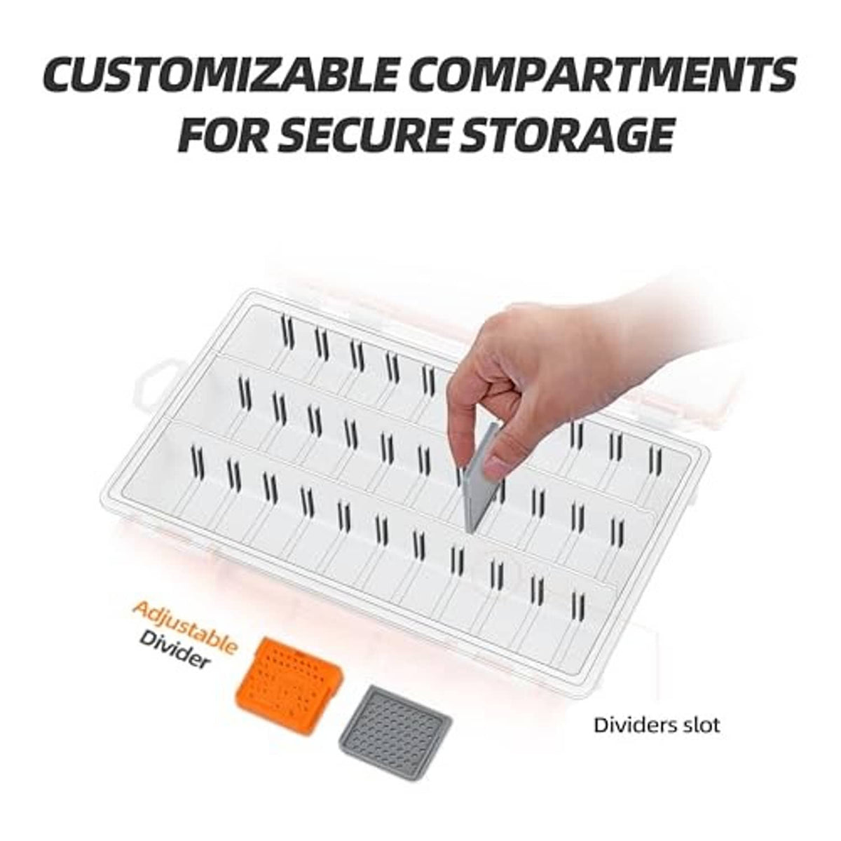 Fishing tackle box with clear divider slots for secure storage, orange base and gray inserts