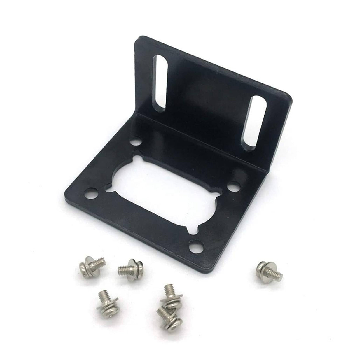 Black single-side mounting bracket with screw holes and U-shaped cutout