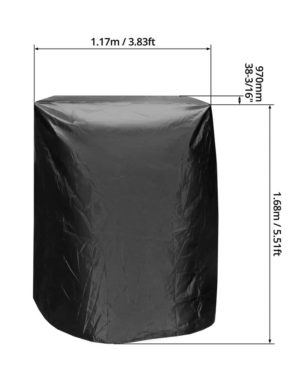 Black treadmill cover size diagram: 46 in L x 38 in W x 6 in height.