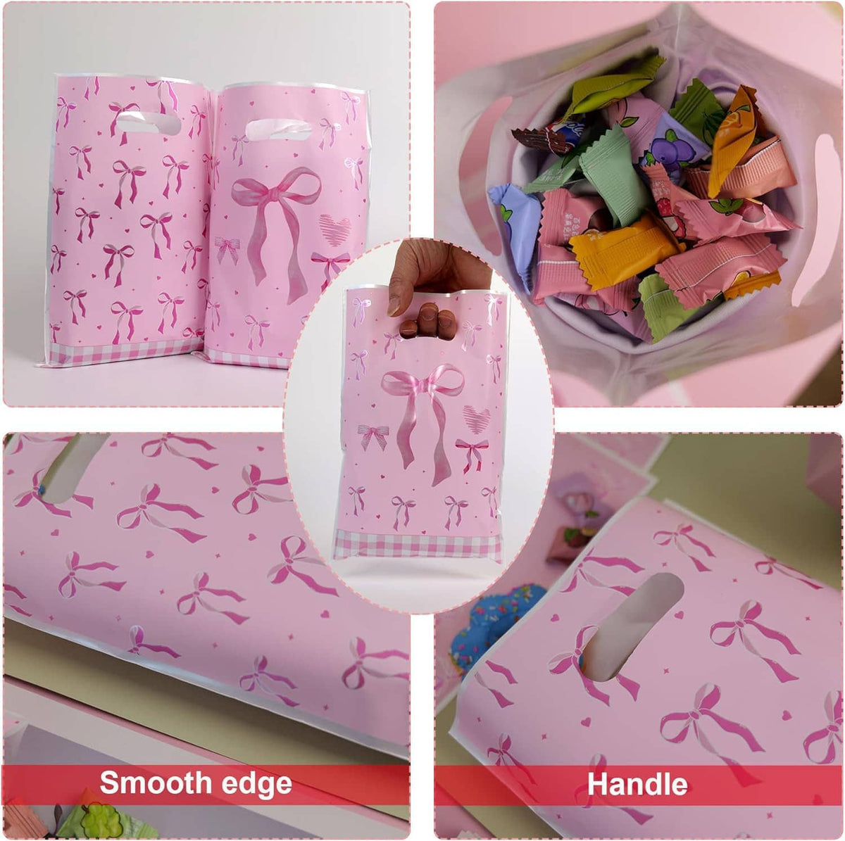 Pink bow-pattern plastic candy bags with smooth edges and top handle cutouts