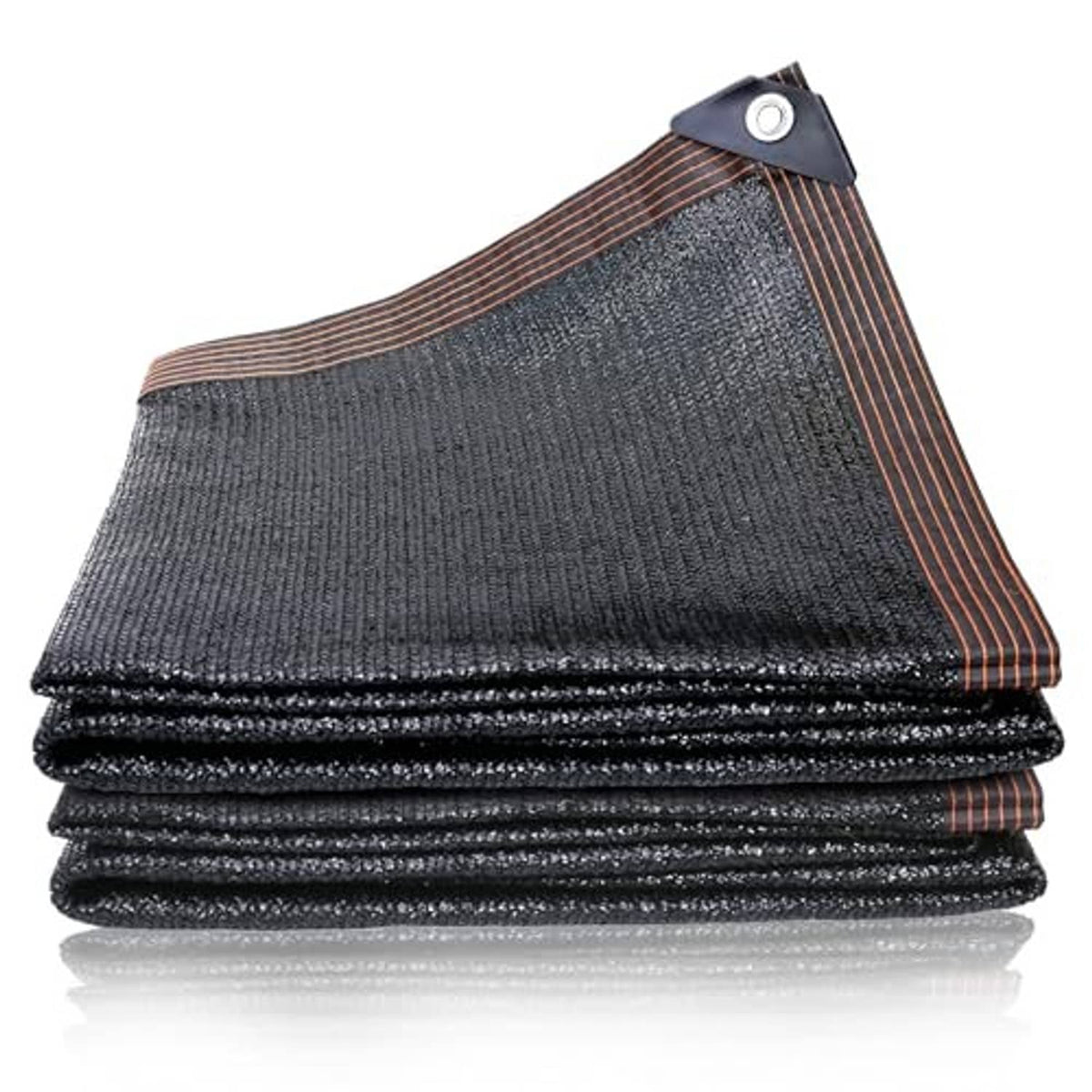 Folded dark gray shade cloth net with brown striped binding and grommet patch