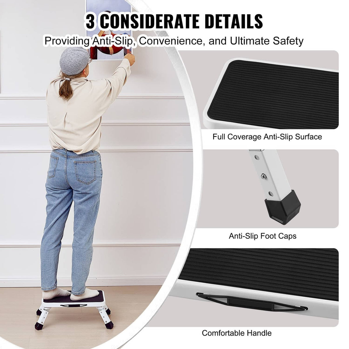Step stool ladder with full anti-slip platform, anti-slip foot caps, and handle