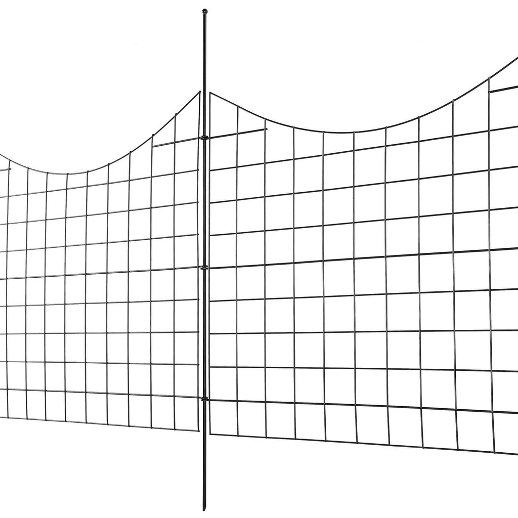 Garden fence mesh panel with vertical metal post, dark grid design