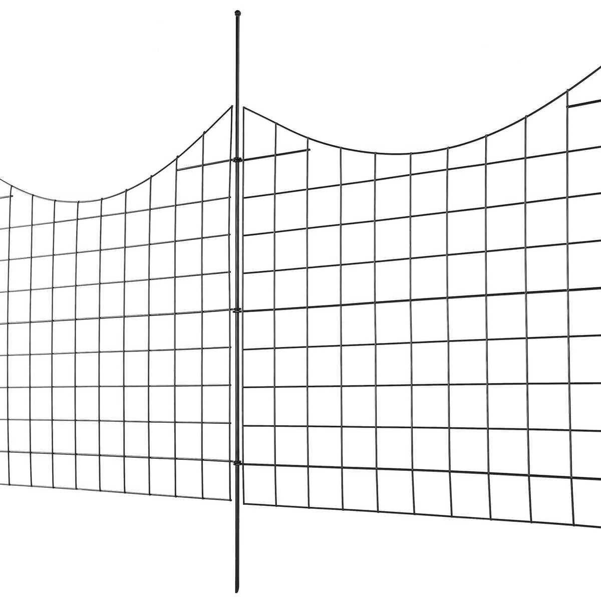 Garden fence mesh panel with vertical metal post, dark grid design