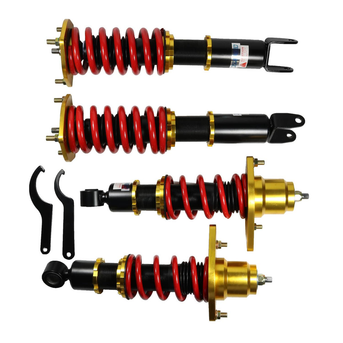 Adjustable height coilover shock strut kit with red springs and black shocks, gold fittings