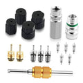 Car A/C valve core tool kit with black caps, valve cores, silver parts, brass tool