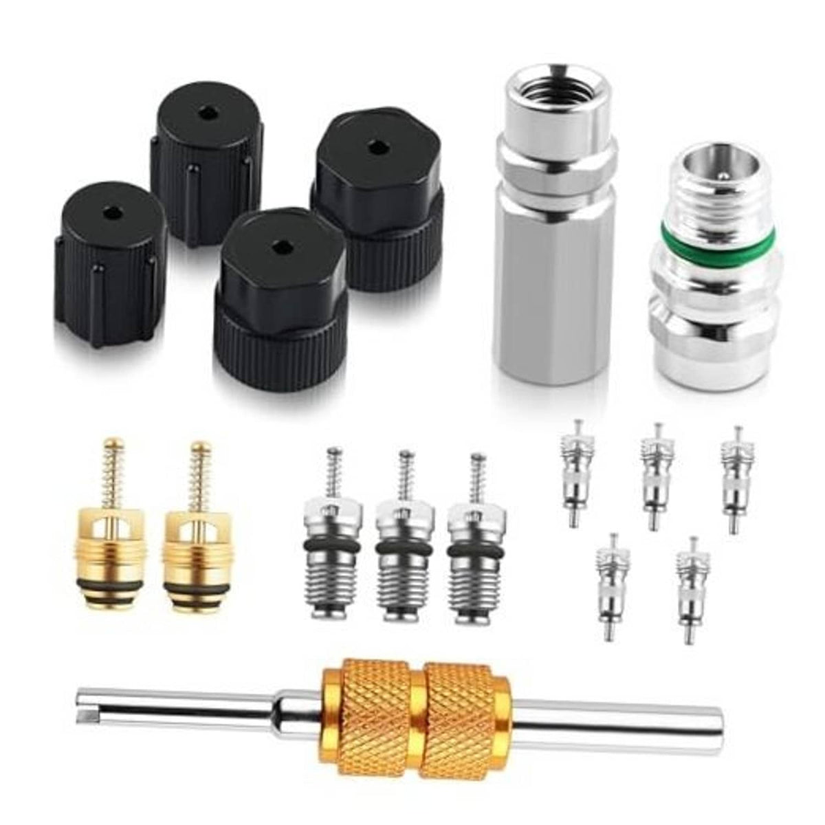 Car A/C valve core tool kit with black caps, valve cores, silver parts, brass tool