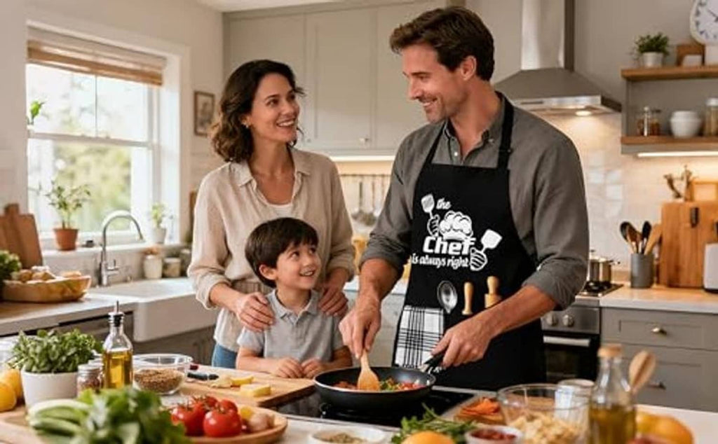 Black chef aprons worn by family, with slogan print and plaid towel in the front pocket
