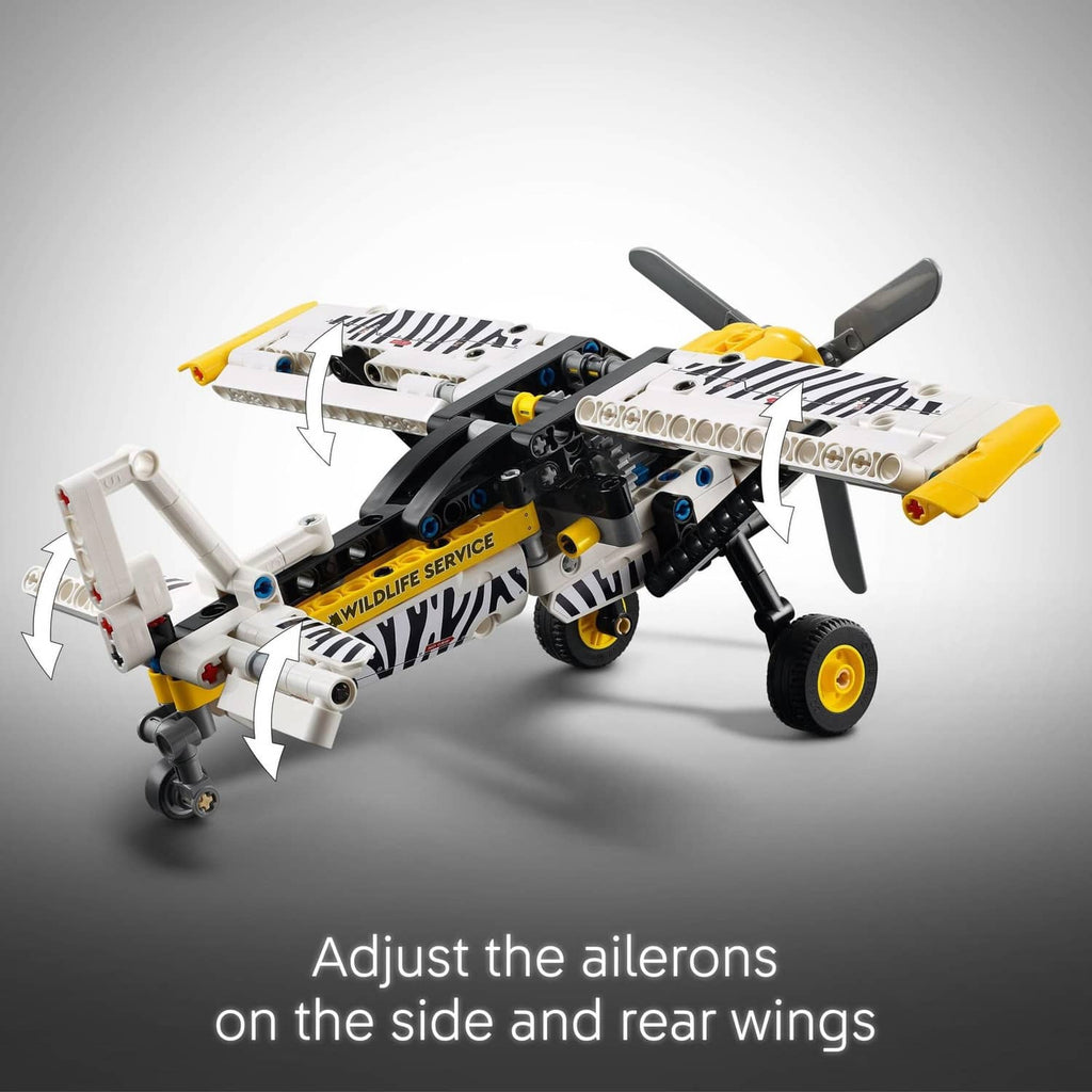 LEGO Technic bush plane toy side view, white wings with yellow nose and wheels