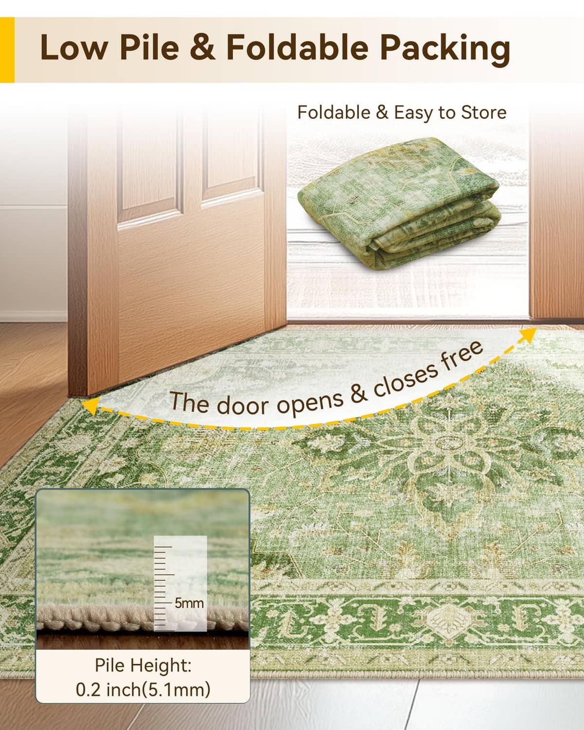 Washable area rug graphic showing low pile and foldable storage