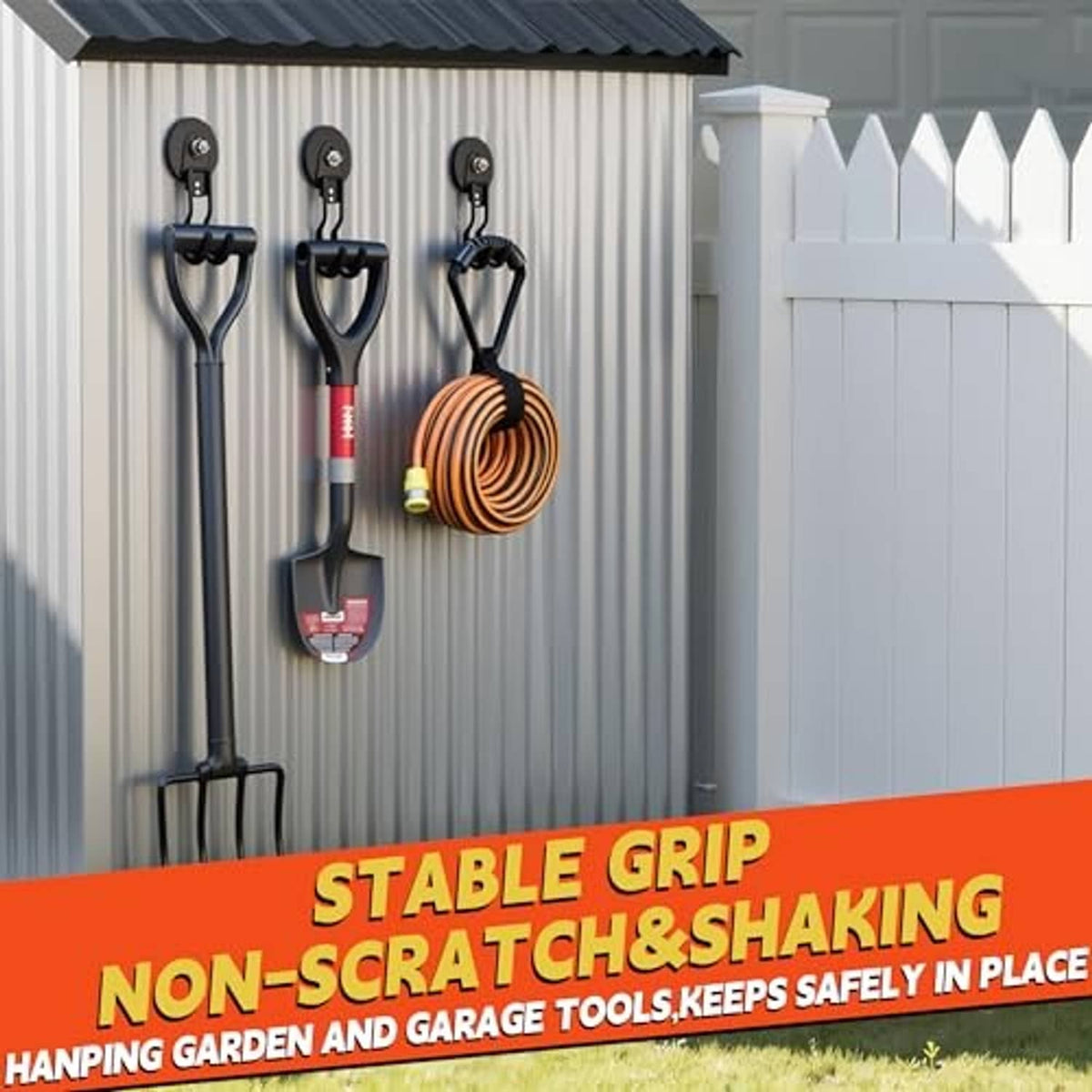Black magnetic hooks with U-shaped hangers holding items on a garage wall