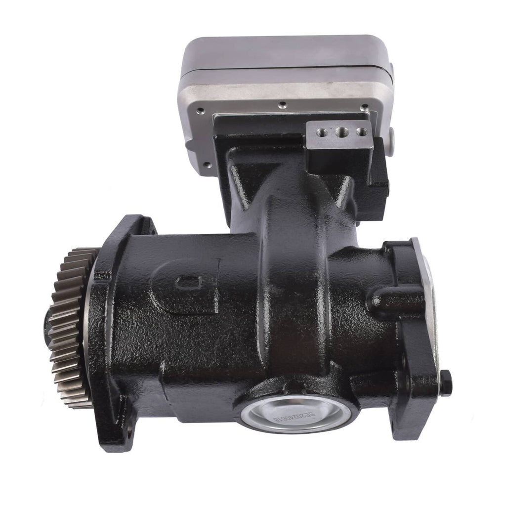 Air compressor with black body and silver housing cap, side profile