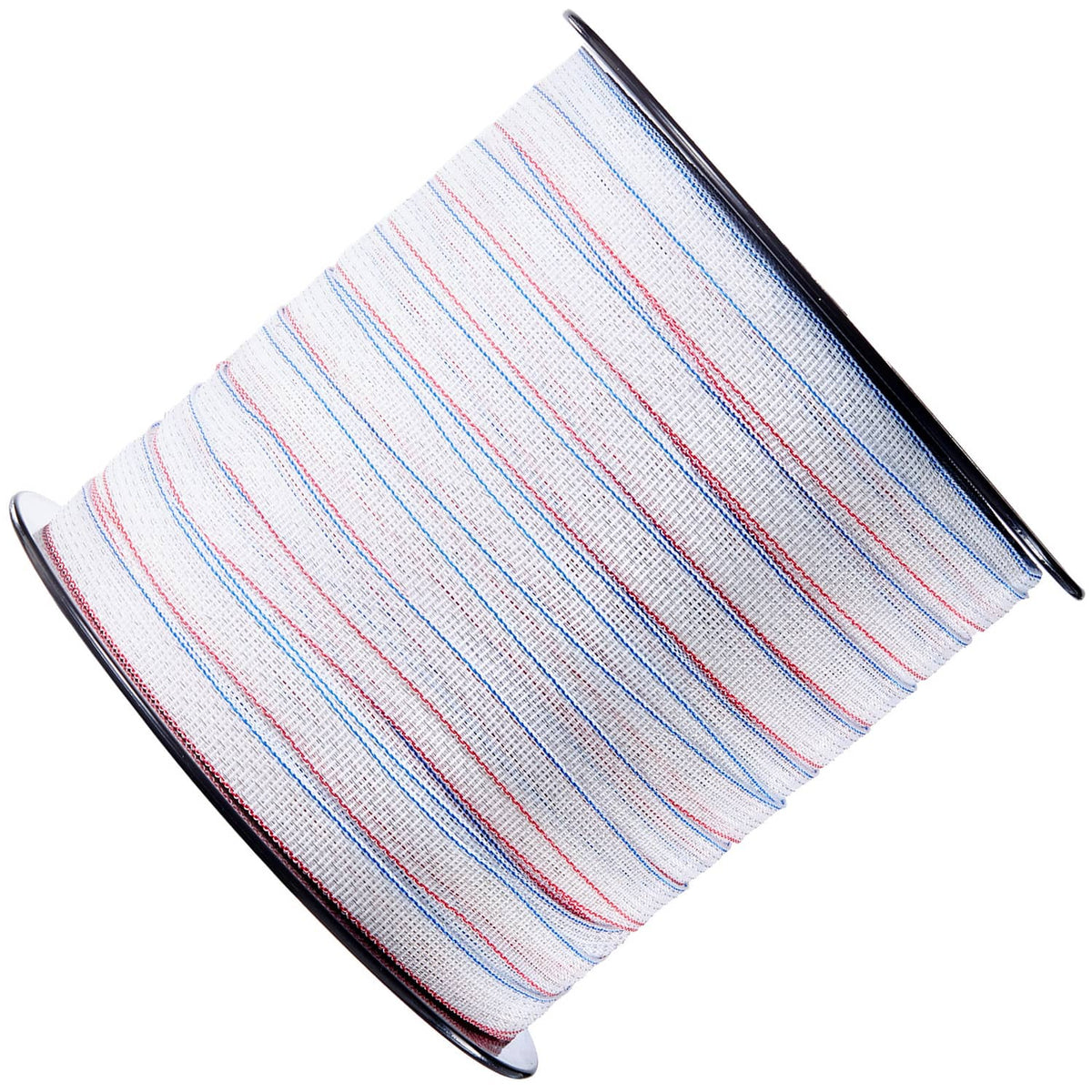 Electric fence tape roll with red, white, and blue three-tone stripes and metal spools