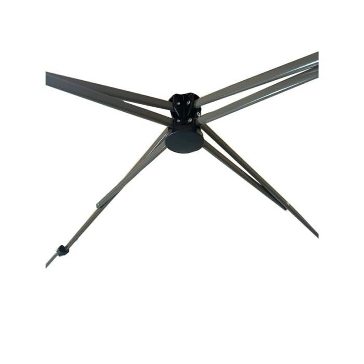 Black canopy support hub with four gray support legs and locking hardware