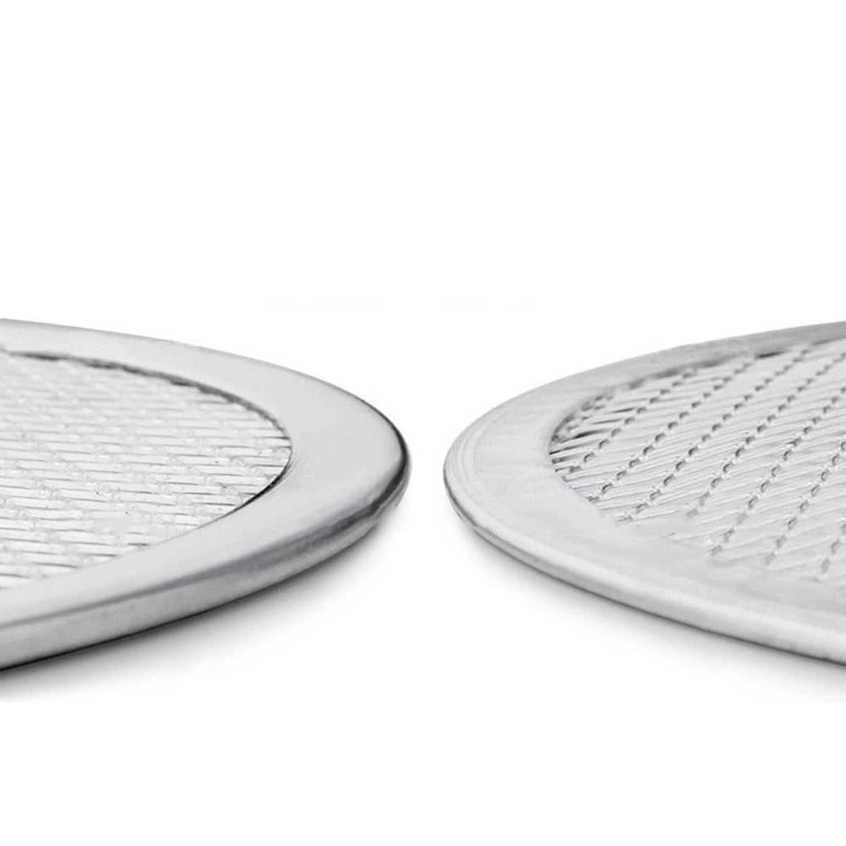 Close-up of round aluminum pizza pan rims with textured mesh cooking surface.