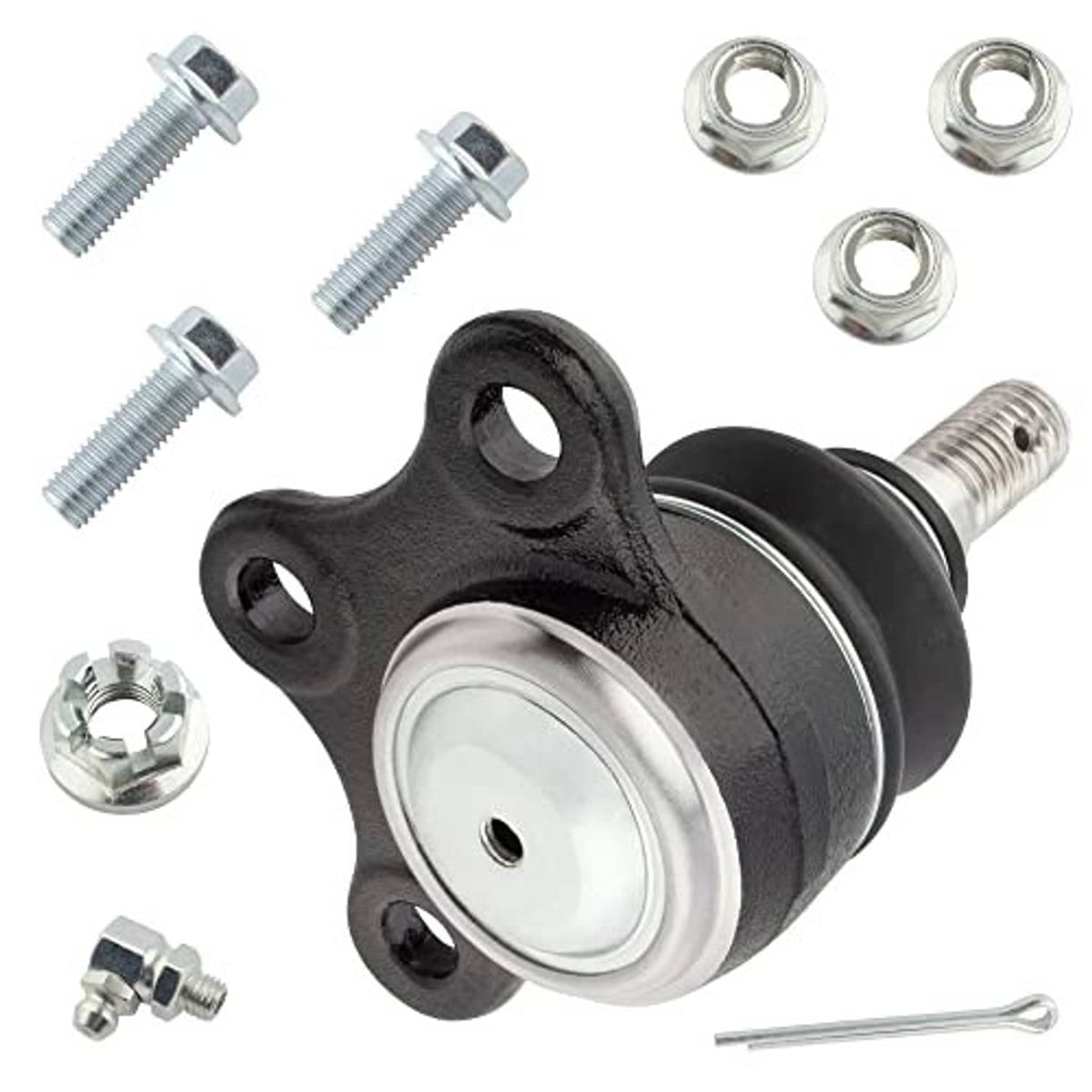 Upper ball joint pair with black boots and silver flange plate, bundled with tools and hardware