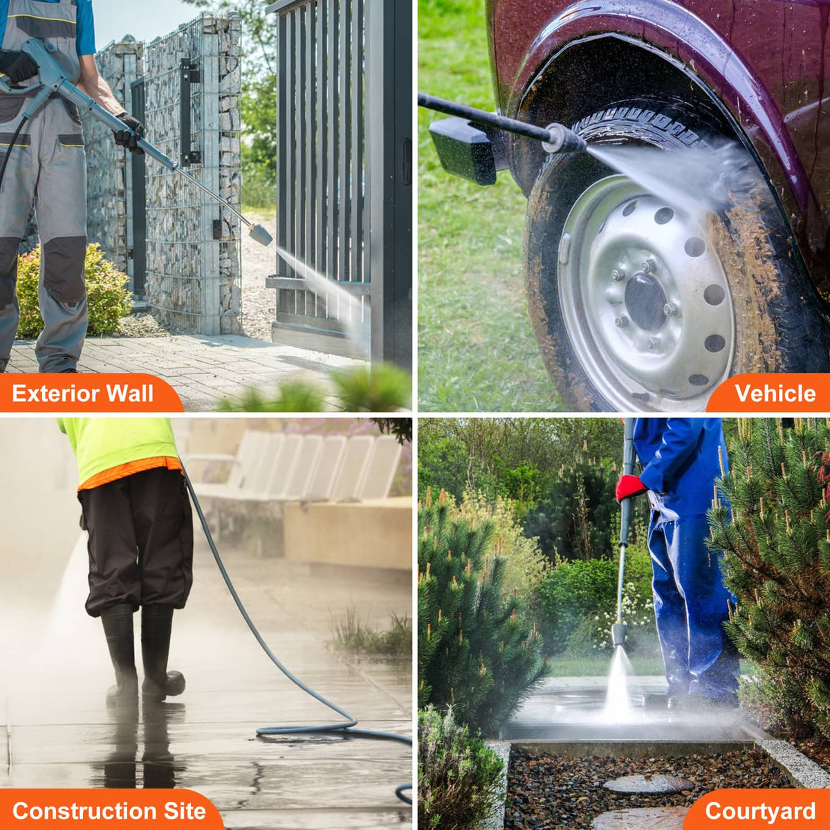 Pressure washer pump during outdoor cleaning with high-pressure spray and connected hose