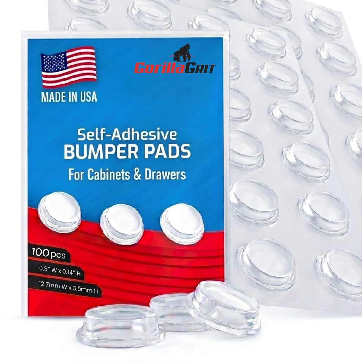 Clear self-adhesive cabinet bumper pads pack with 100 pieces, 1/2 in diameter.