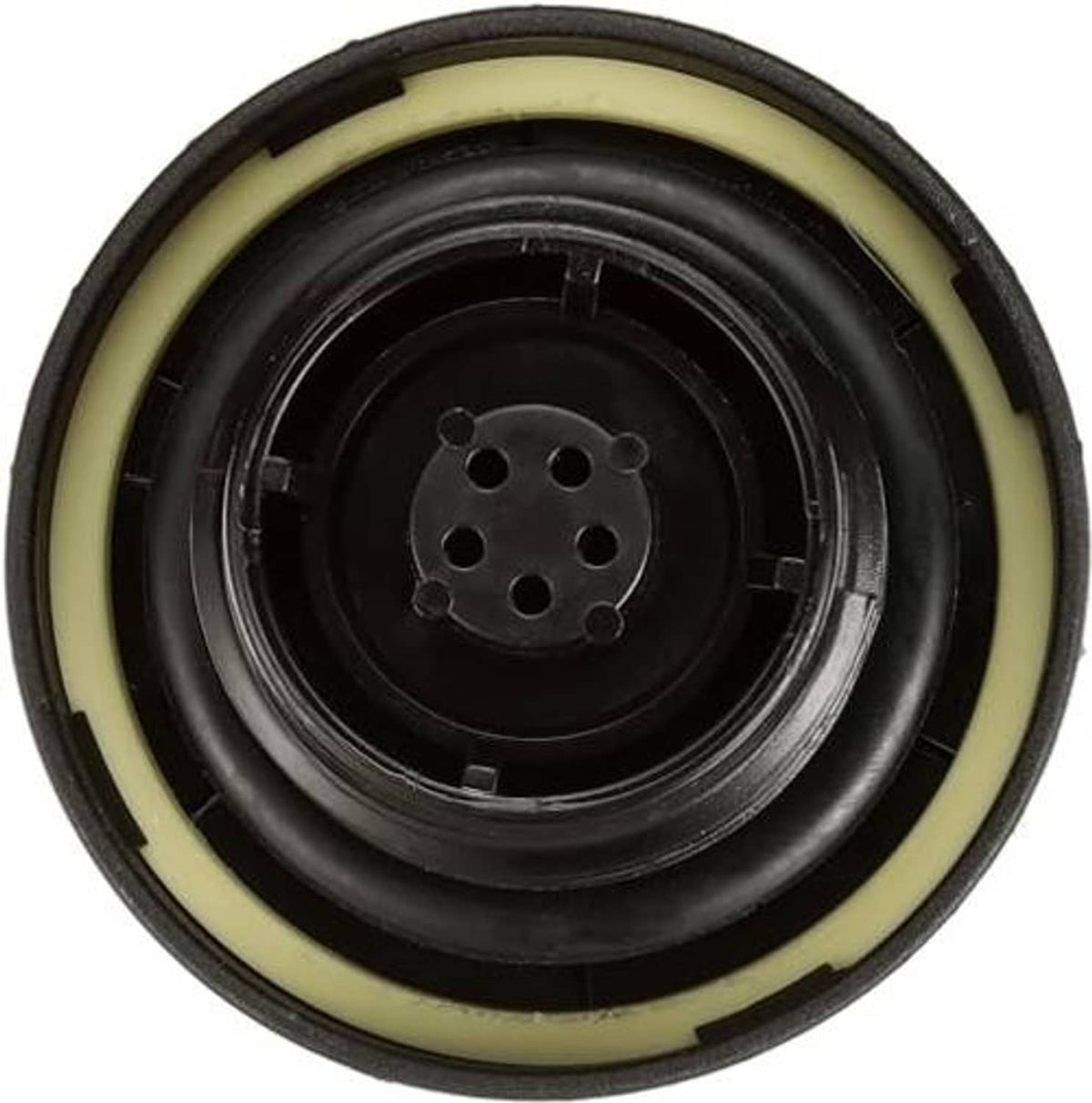 Fuel tank cap underside with circular ports and yellow rubber seal ring