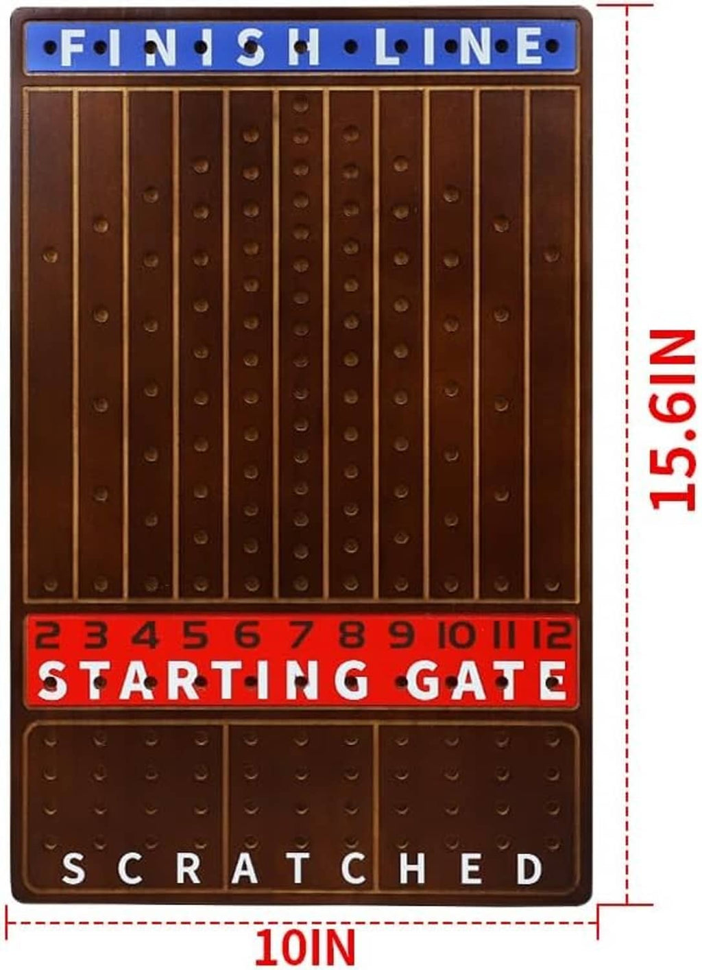 Close-up of brown horse racing board with starting gate and scratched track holes