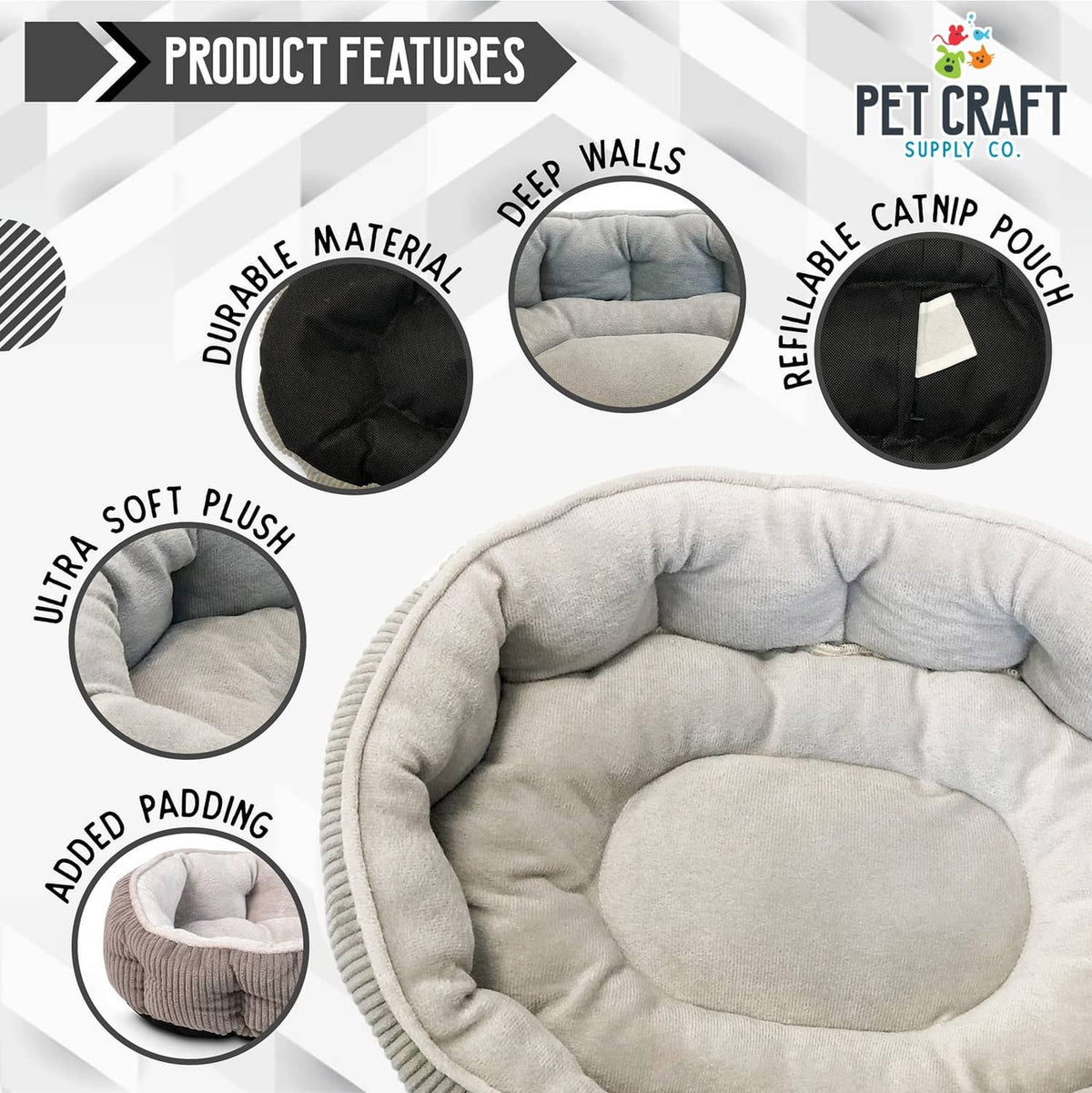 Round gray cat bed with plush inner cushion and deep padded walls